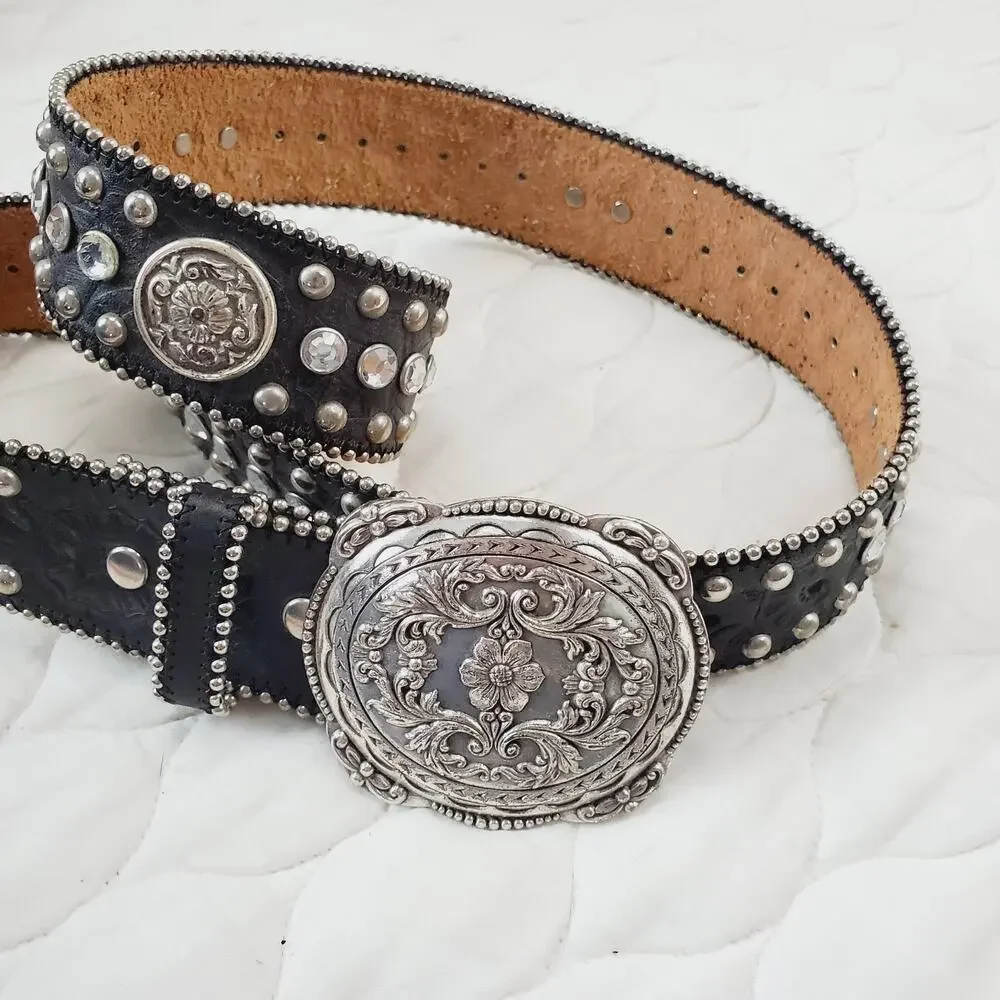 Vintage Women's Leather Belt Detailed Rhinestone Flower Studded Black & Silver